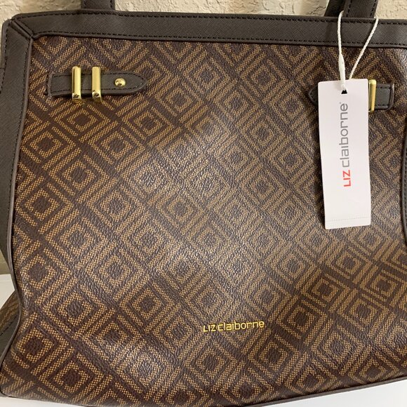 Liz Claiborne Brown Tote, Brown Monogram Bag, NWT, LC Tuxedo Tote Holiday Gift - Picture 2 of 15